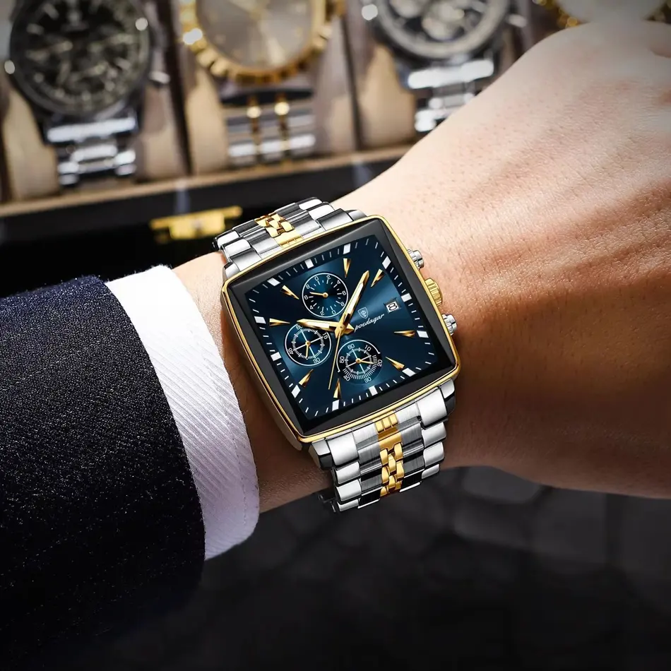 POEDAGAR Luxury Square Chronograph Watch for Men – Waterproof, Luminous Quartz Wristwatch with Date Display