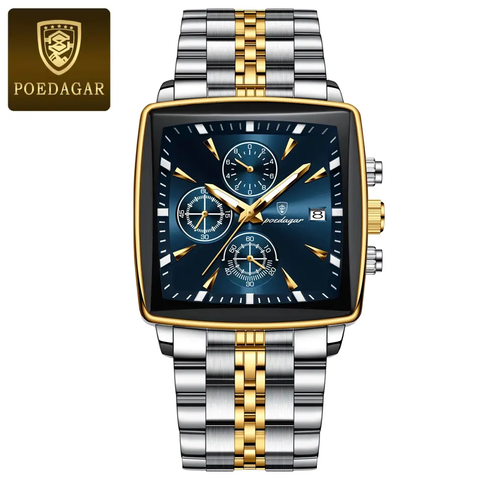 POEDAGAR Luxury Square Chronograph Watch for Men – Waterproof, Luminous Quartz Wristwatch with Date Display
