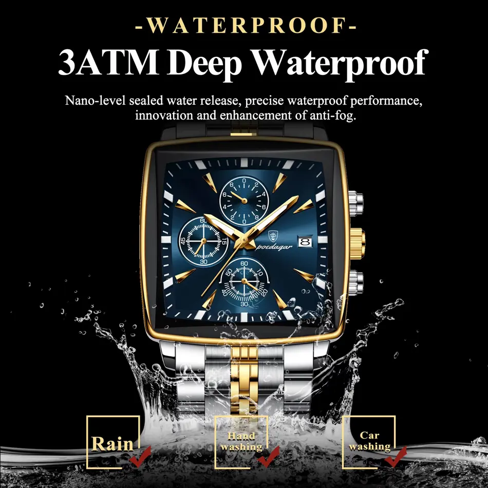 POEDAGAR Luxury Square Chronograph Watch for Men – Waterproof, Luminous Quartz Wristwatch with Date Display