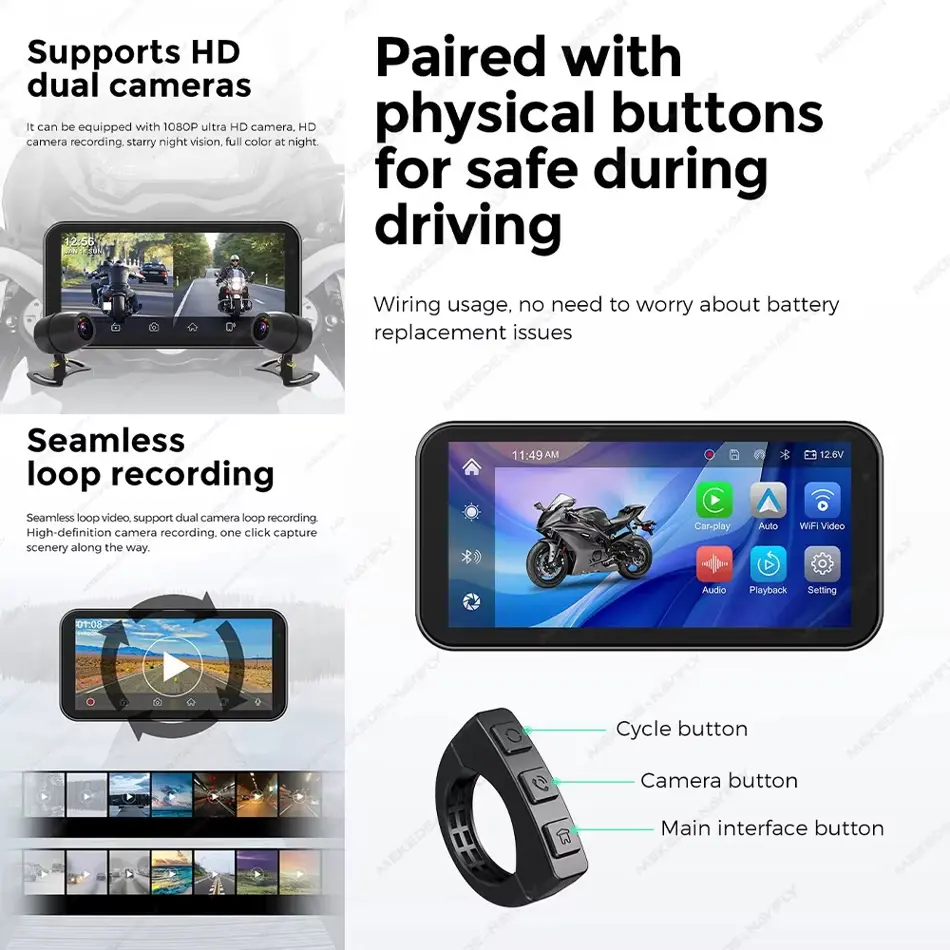 Portable 6.25" Waterproof Motorcycle GPS with Wireless CarPlay, Android Auto & DVR Drive Recorder