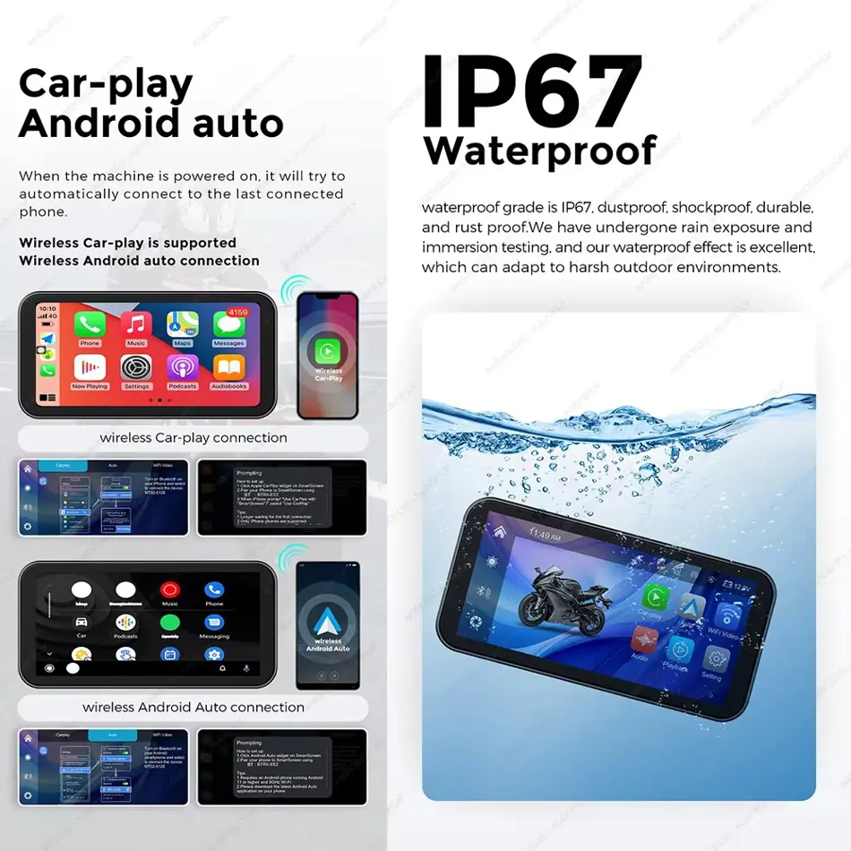 Portable 6.25" Waterproof Motorcycle GPS with Wireless CarPlay, Android Auto & DVR Drive Recorder