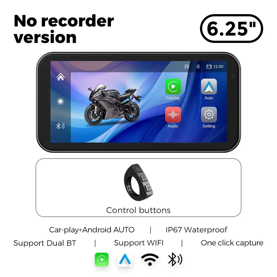 Portable 6.25" Waterproof Motorcycle GPS with Wireless CarPlay, Android Auto & DVR Drive Recorder
