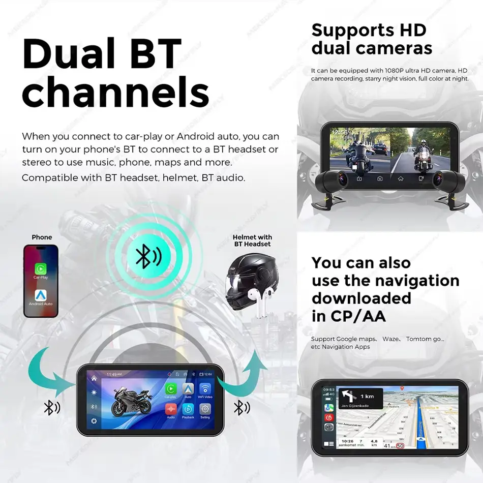 Portable 6.25" Waterproof Motorcycle GPS with Wireless CarPlay, Android Auto & DVR Drive Recorder