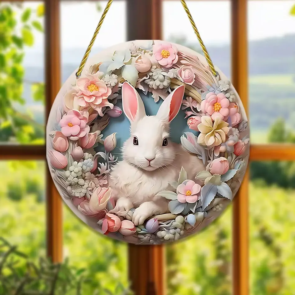 Rabbit Home Pendant Spring Theme White Rabbit Tulip Flower Round Frame Decoration - Cute Creative Home Décor with Pink Background