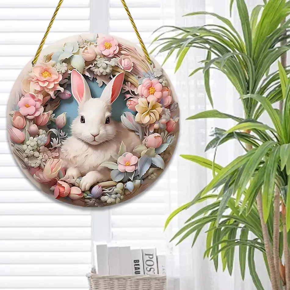 Rabbit Home Pendant Spring Theme White Rabbit Tulip Flower Round Frame Decoration - Cute Creative Home Décor with Pink Background