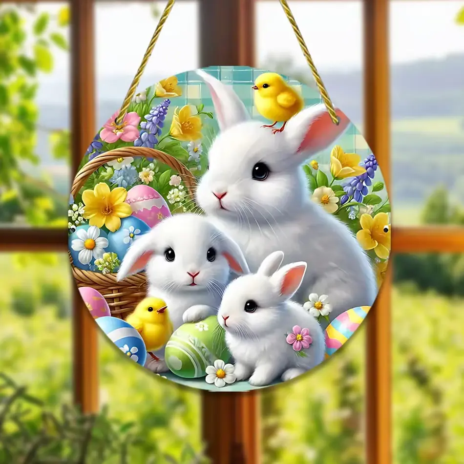 Rabbit Home Pendant Spring Theme White Rabbit Tulip Flower Round Frame Decoration - Cute Creative Home Décor with Pink Background