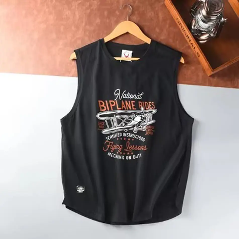 Retro USA Letter Print Sleeveless T-Shirt for Men – 100% Cotton Washed Sports Tank Top
