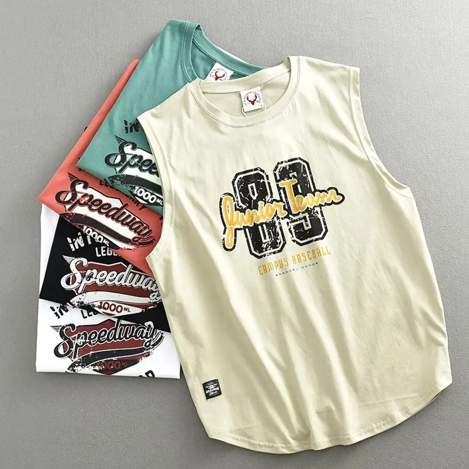 Retro USA Letter Print Men’s Sleeveless Cotton T-Shirt – Washed Vintage Gym Vest