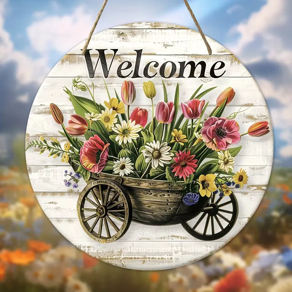 Round Artificial Wood Welcome Sign with Pattern Design – Hanging Decorative Sign for Home, Room, Festival, and Coffee Shop