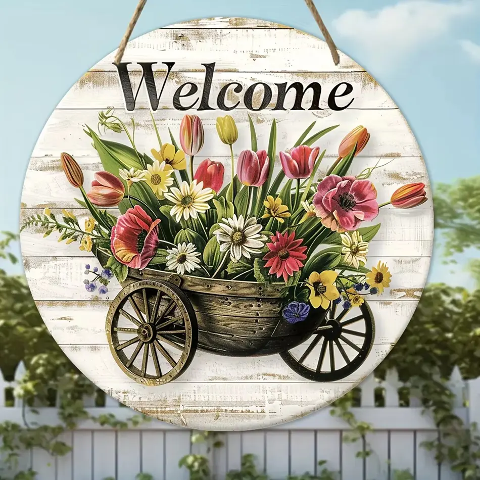 Round Artificial Wood Welcome Sign with Pattern Design – Hanging Decorative Sign for Home, Room, Festival, and Coffee Shop