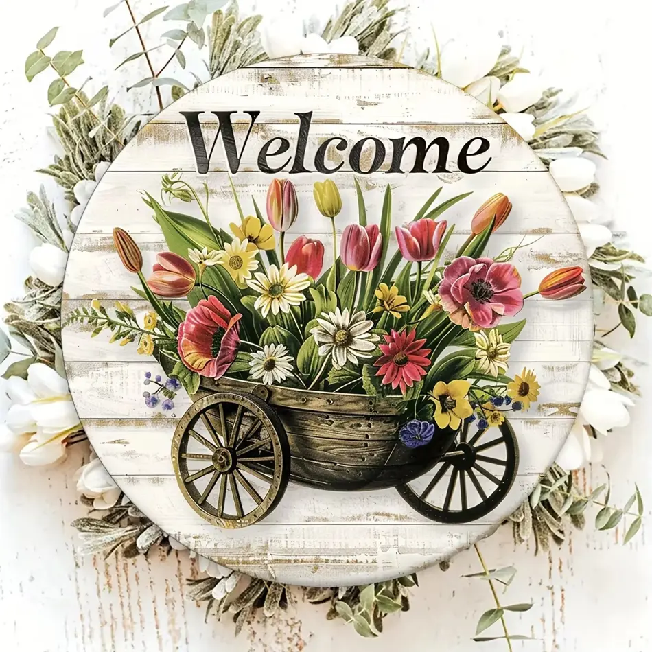 Round Artificial Wood Welcome Sign with Pattern Design – Hanging Decorative Sign for Home, Room, Festival, and Coffee Shop