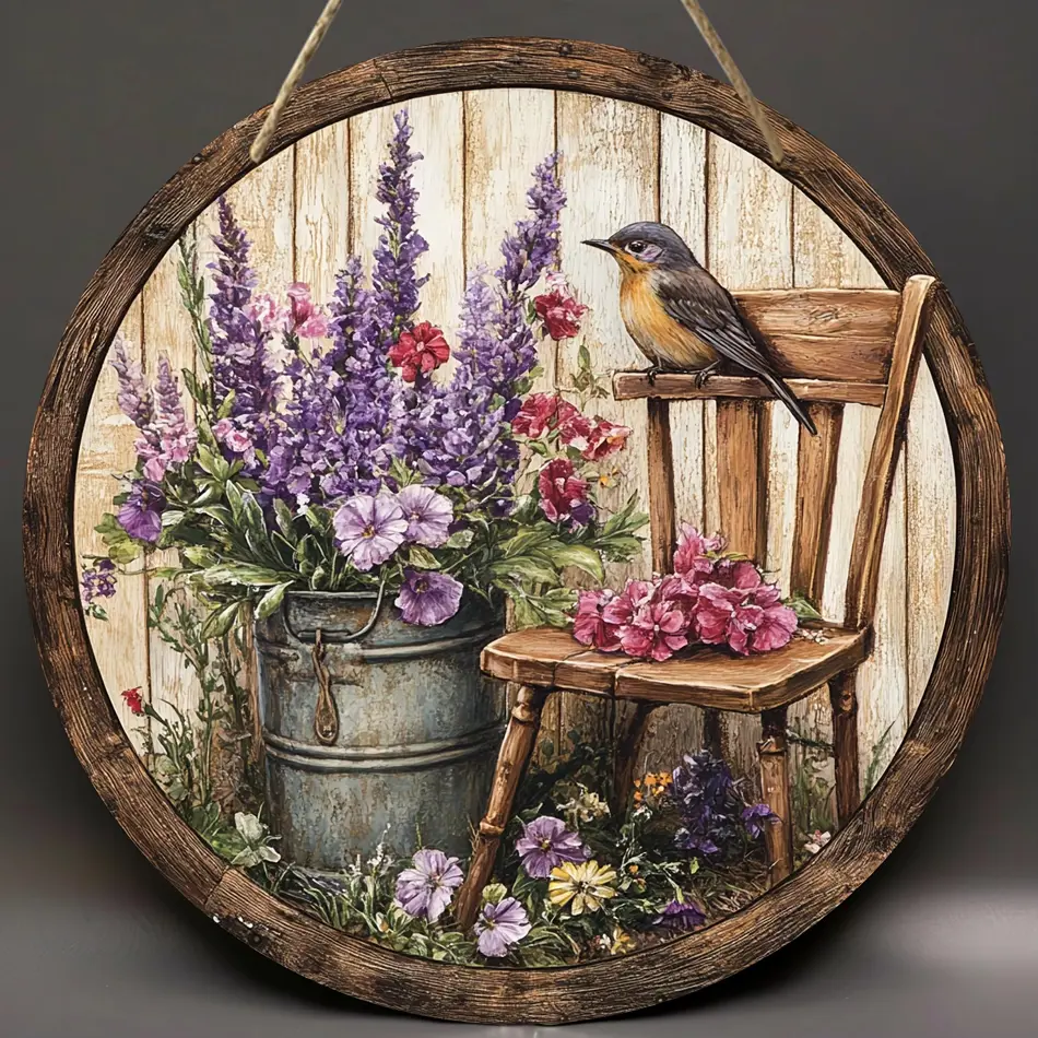 Rustic Round Wooden Sign with 2D Printed Bird & Flower Mural – 7.87inch, No Power Required, Ideal for Home, Office & Party Decor