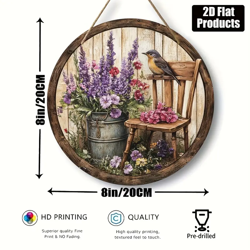 Rustic Round Wooden Sign with 2D Printed Bird & Flower Mural – 7.87inch, No Power Required, Ideal for Home, Office & Party Decor