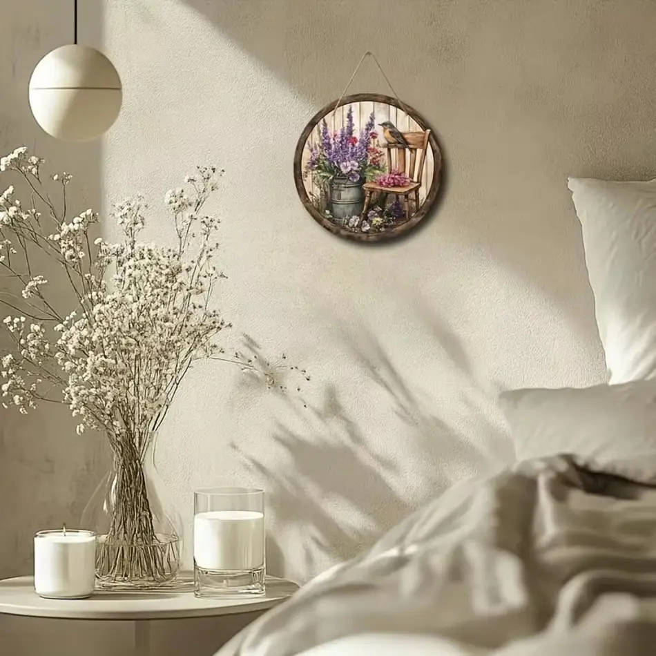 Rustic Round Wooden Sign with 2D Printed Bird & Flower Mural – 7.87inch, No Power Required, Ideal for Home, Office & Party Decor