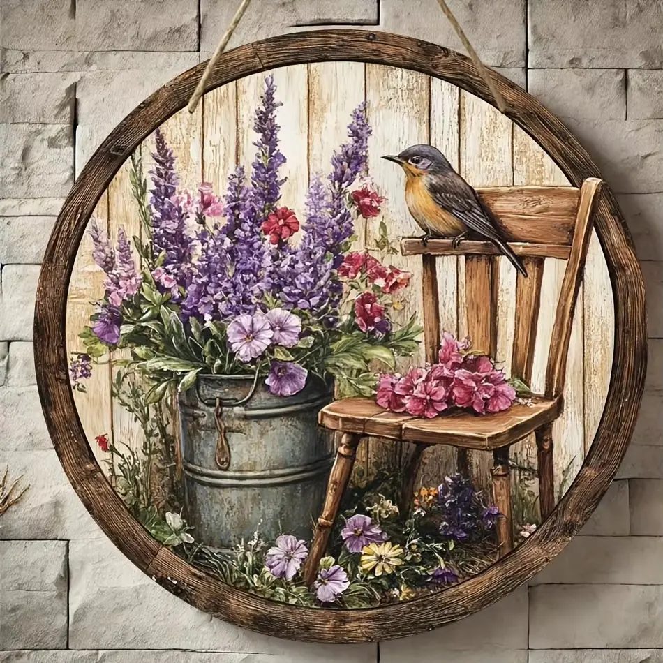 Rustic Round Wooden Sign with 2D Printed Bird & Flower Mural – 7.87inch, No Power Required, Ideal for Home, Office & Party Decor