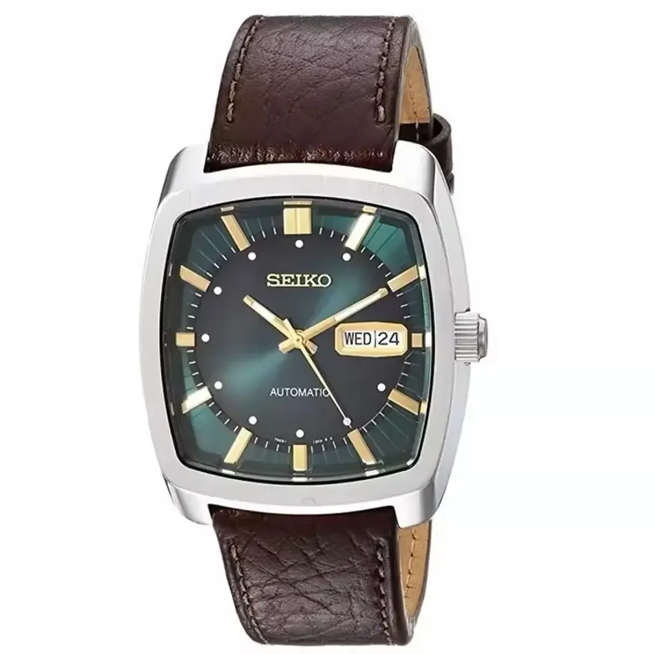 Seiko Men's Automatic Mechanical Retro Green Dial Watch SNKP27 – Wine Barrel Case with Leather Strap