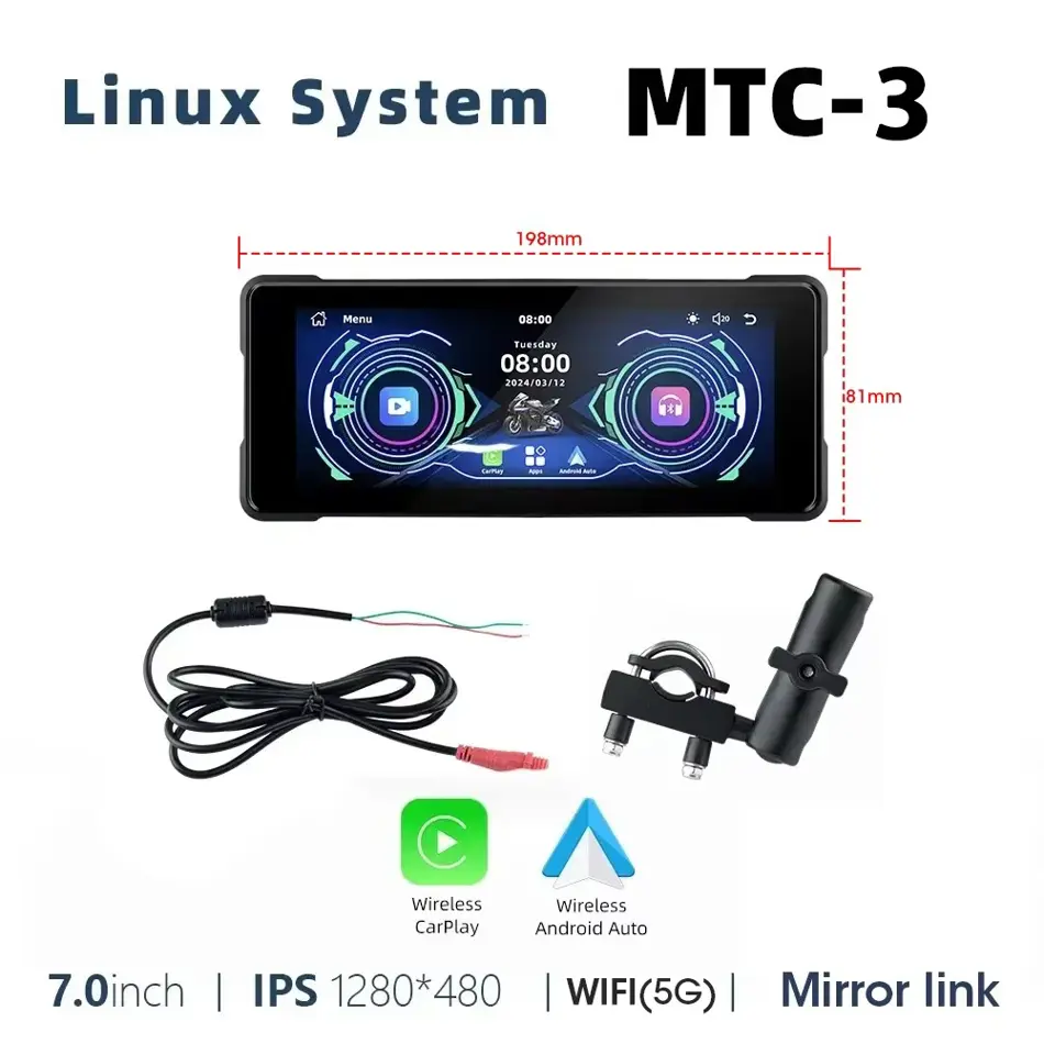 Srnubi 7" Motorcycle GPS Navigation | Wireless CarPlay & Android Auto | IP67 Waterproof Touchscreen Display