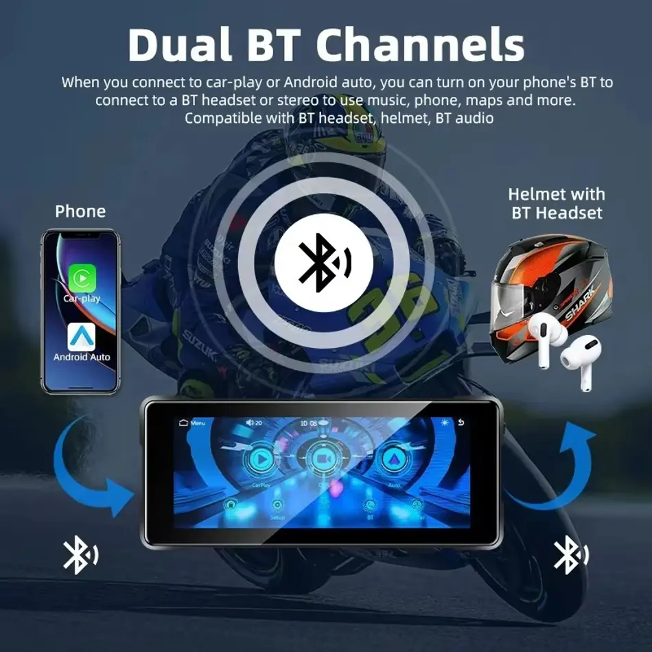 Srnubi 7" Motorcycle GPS Navigation | Wireless CarPlay & Android Auto | IP67 Waterproof Touchscreen Display