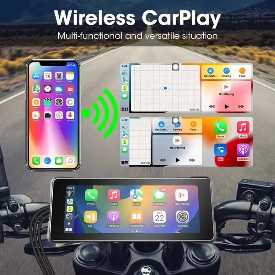 Srnubi 7" Motorcycle GPS Navigation | Wireless CarPlay & Android Auto | IP67 Waterproof Touchscreen Display