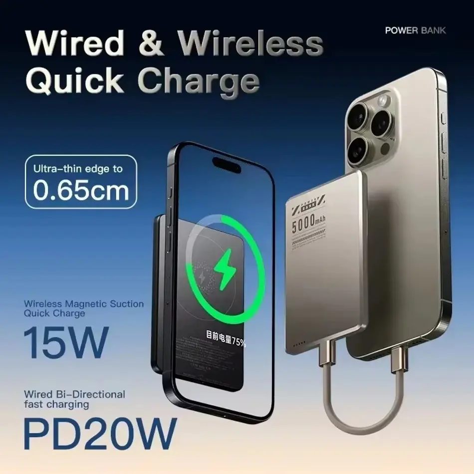 Ultra-Slim 5000mAh MagSafe Wireless Power Bank – 20W PD Fast Charging, Portable External Battery Pack for iPhone & Android
