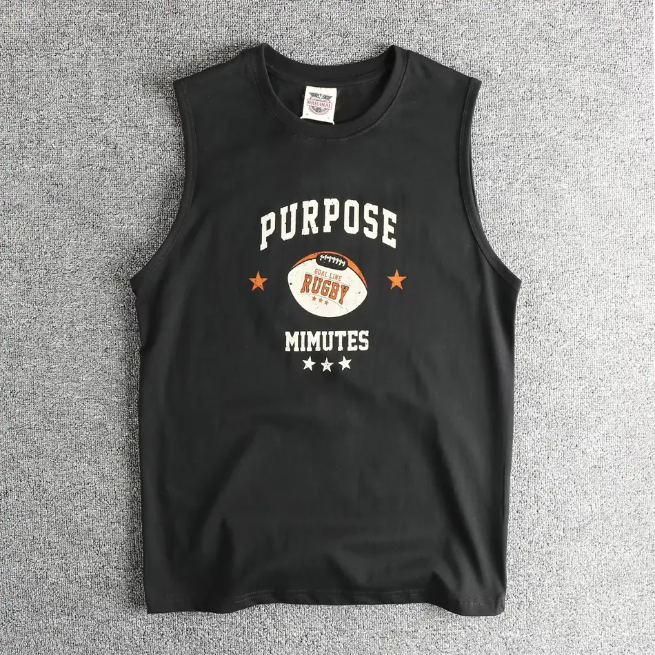 Vintage American Rugby Graphic Sleeveless T-Shirt – 100% Cotton Washed Sports Vest for Men