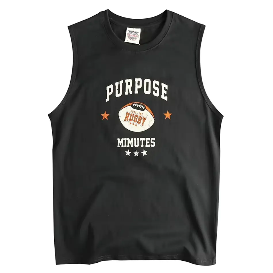 Vintage American Rugby Graphic Sleeveless T-Shirt – 100% Cotton Washed Sports Vest for Men