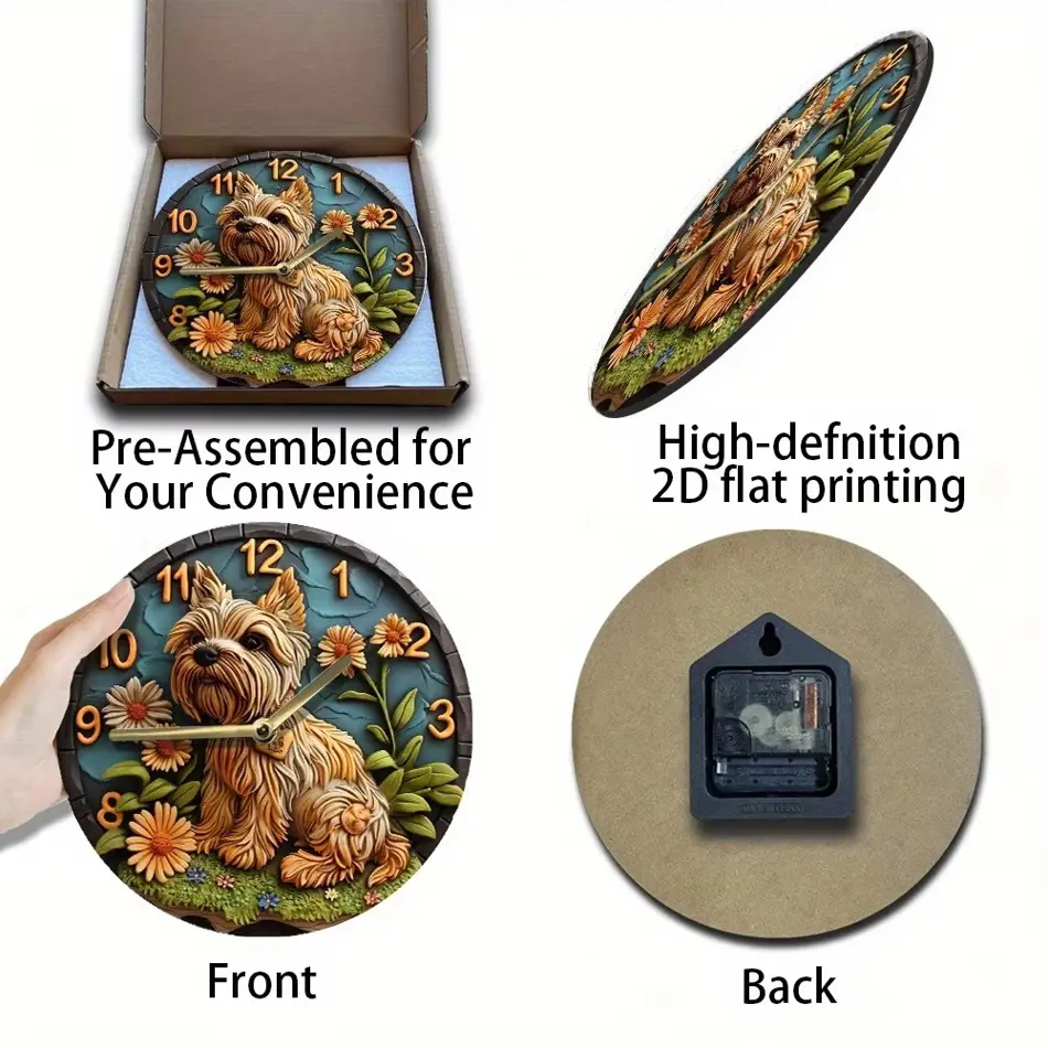 Whimsical Wooden Wall Clock – Cute Dog & Floral Design, Battery Operated