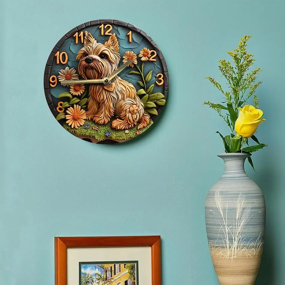 Whimsical Wooden Wall Clock – Cute Dog & Floral Design, Battery Operated