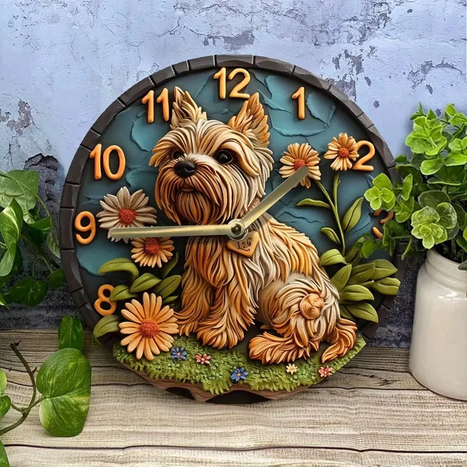 Whimsical Wooden Wall Clock – Cute Dog & Floral Design, Battery Operated