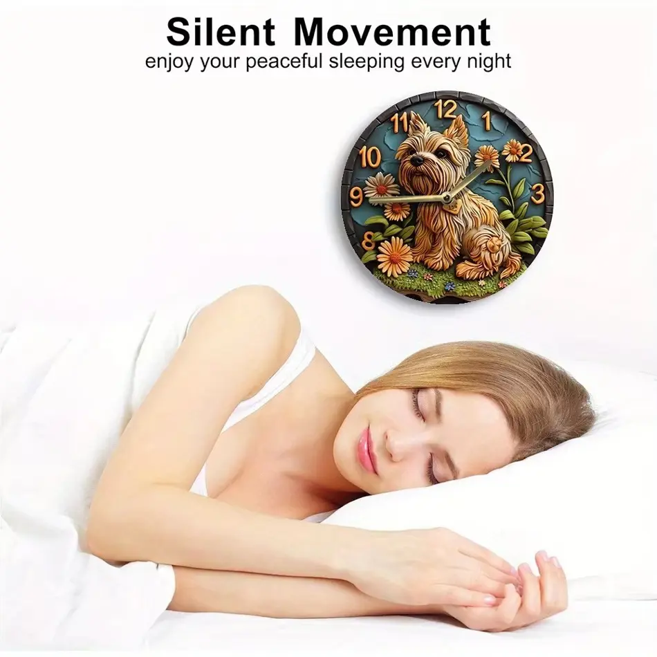 Whimsical Wooden Wall Clock – Cute Dog & Floral Design, Battery Operated