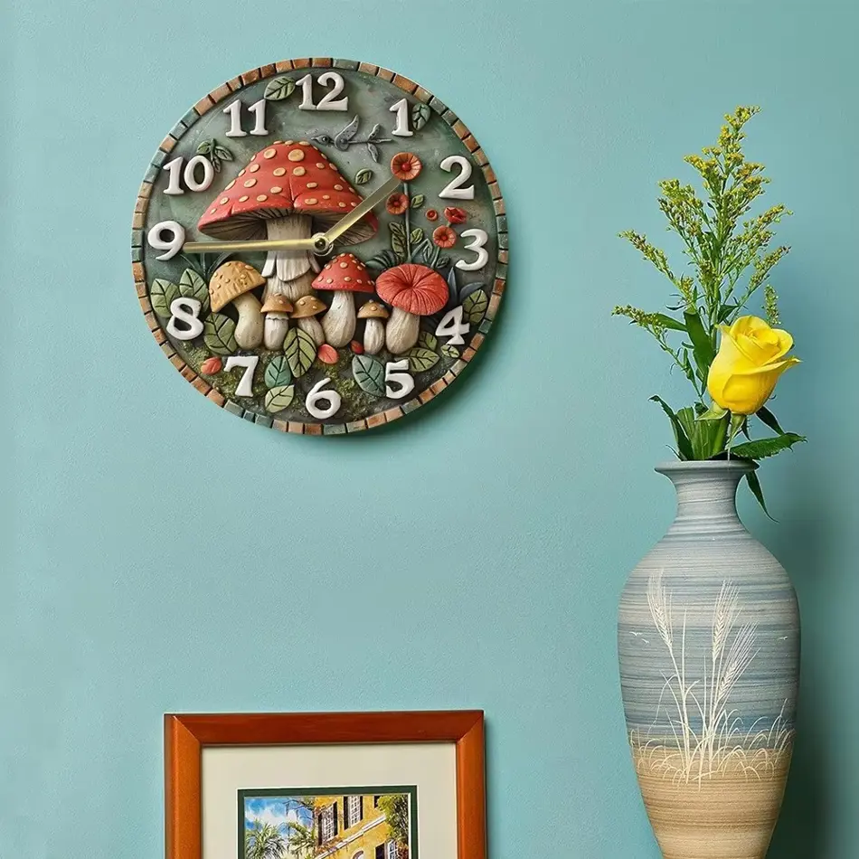 Wooden Mushroom-Themed Wall Clock – Stylish Home Decor, Battery Operated