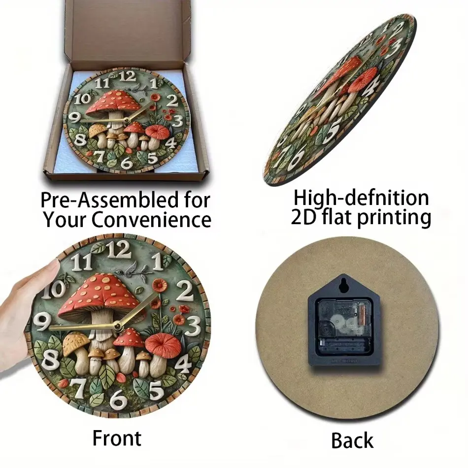 Wooden Mushroom-Themed Wall Clock – Stylish Home Decor, Battery Operated