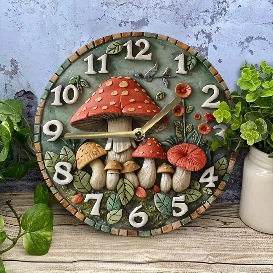 Wooden Mushroom-Themed Wall Clock – Stylish Home Decor, Battery Operated