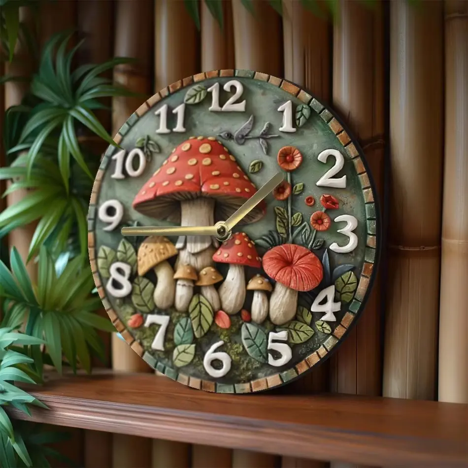 Wooden Mushroom-Themed Wall Clock – Stylish Home Decor, Battery Operated