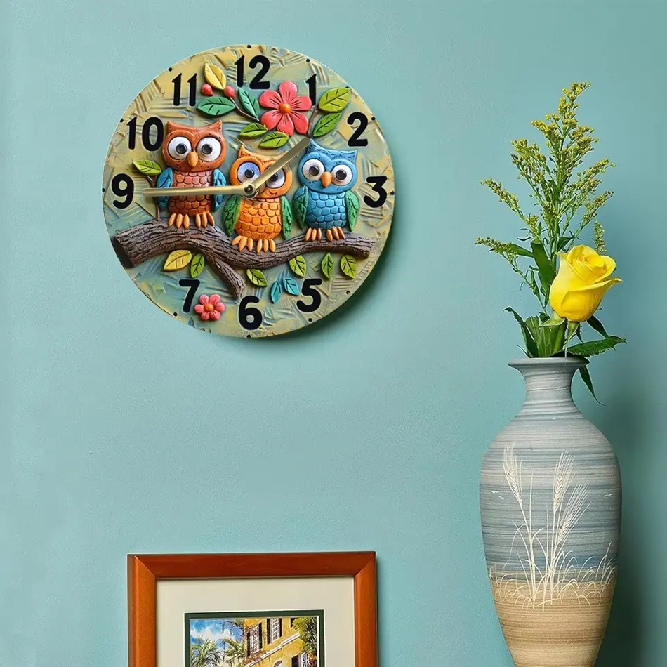 Wooden Owl Wall Clock – Unique Home Decor with Cute Owl Design, Battery Operated