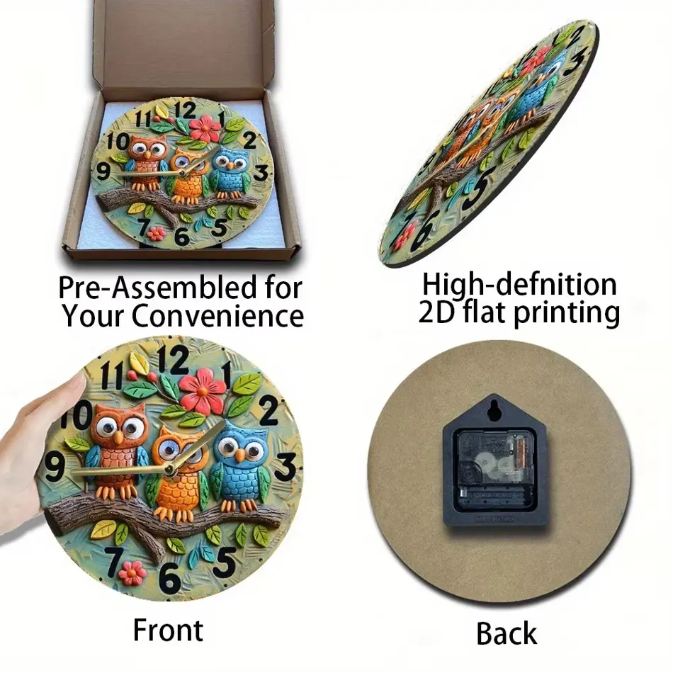 Wooden Owl Wall Clock – Unique Home Decor with Cute Owl Design, Battery Operated