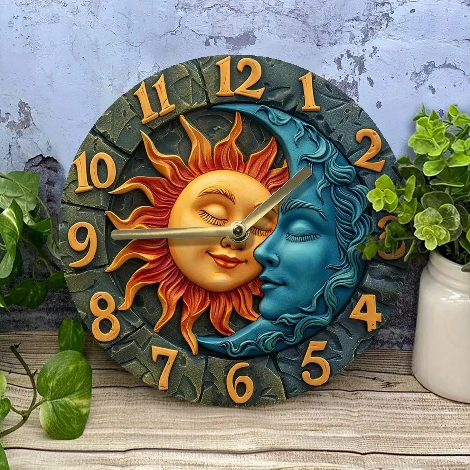 Wooden Wall Clock with Sun & Moon Design – Rustic Home Decor Battery Operated
