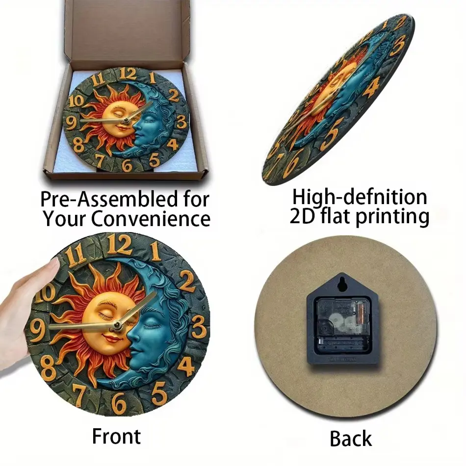 Wooden Wall Clock with Sun & Moon Design – Rustic Home Decor Battery Operated