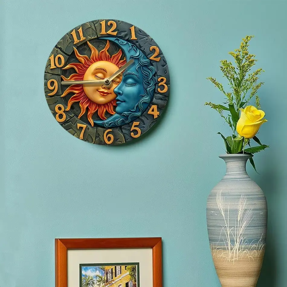 Wooden Wall Clock with Sun & Moon Design – Rustic Home Decor Battery Operated