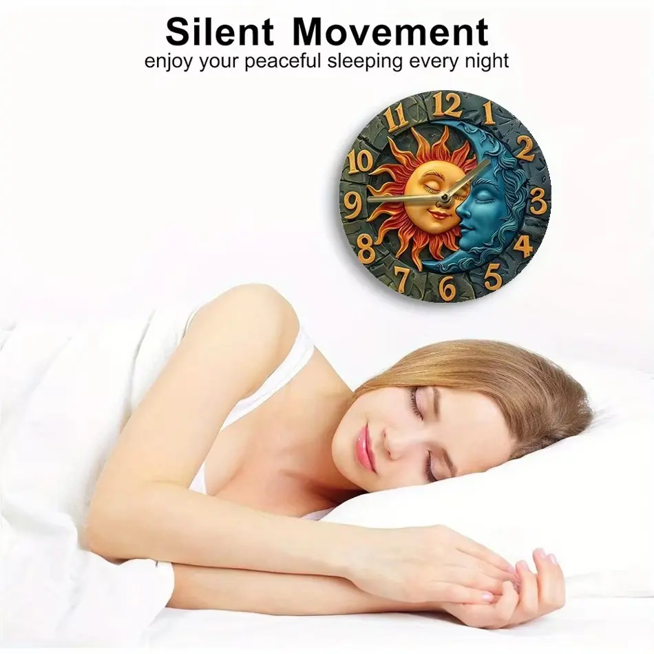 Wooden Wall Clock with Sun & Moon Design – Rustic Home Decor Battery Operated