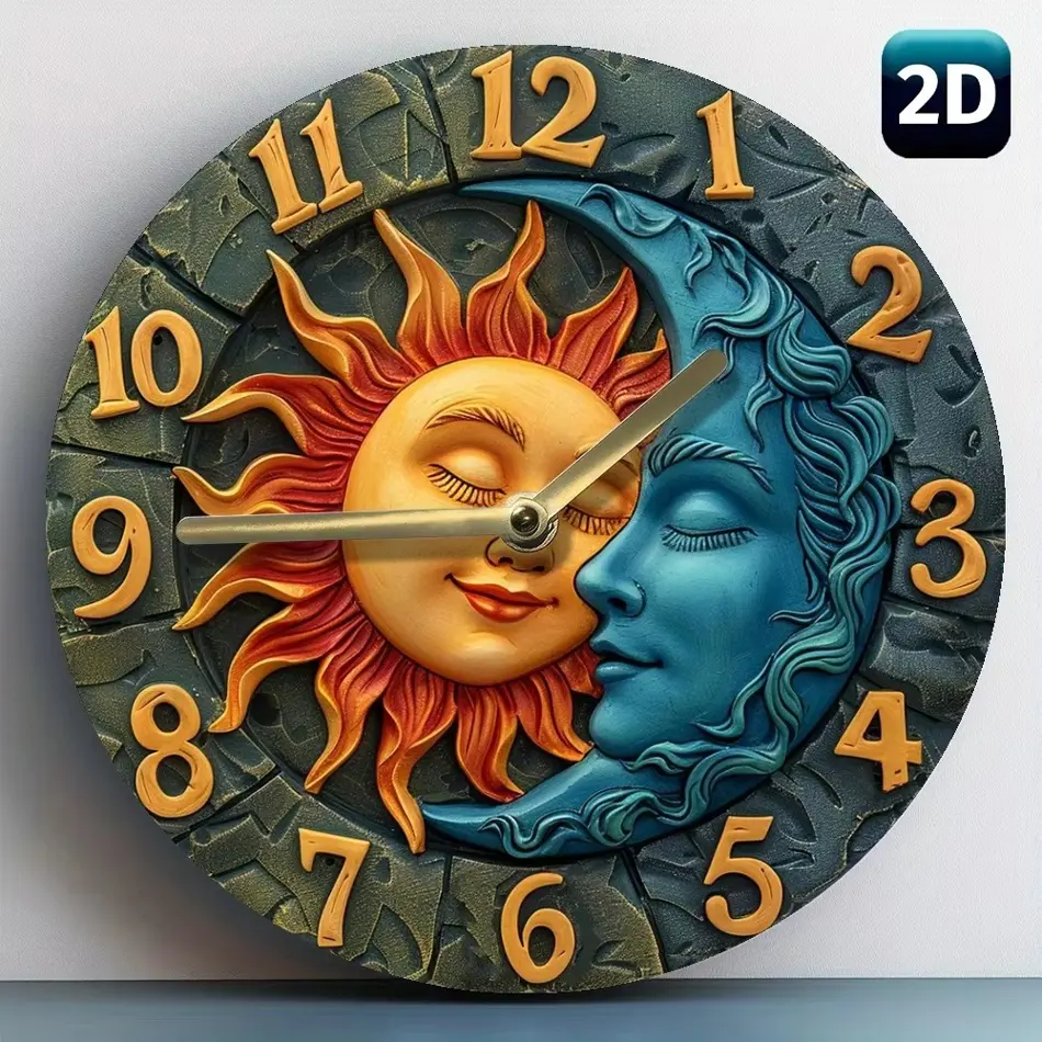 Wooden Wall Clock with Sun & Moon Design – Rustic Home Decor Battery Operated