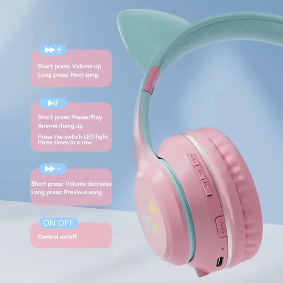  Xiaomi Wireless Bluetooth Cat Ear Headphones with RGB Lights – Stereo Sound, Built-in Mic, Gaming & Music Earphones for Kids & Girls