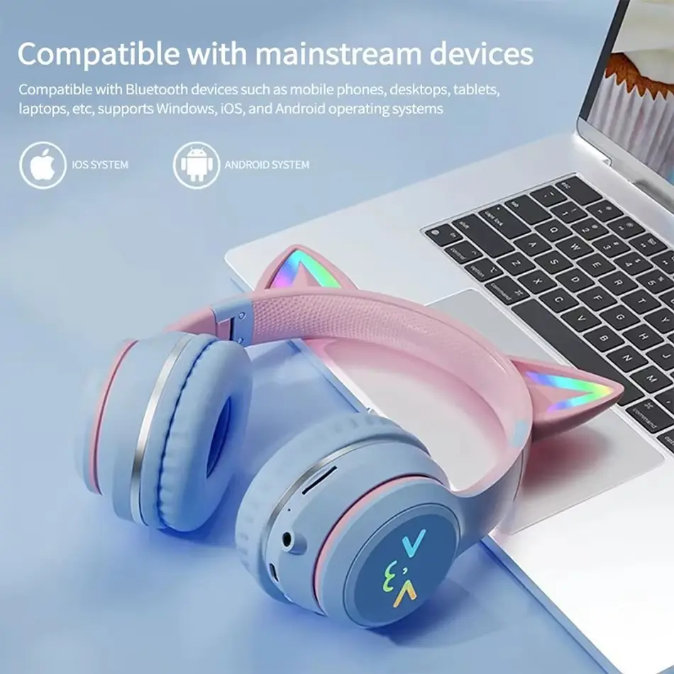  Xiaomi Wireless Bluetooth Cat Ear Headphones with RGB Lights – Stereo Sound, Built-in Mic, Gaming & Music Earphones for Kids & Girls
