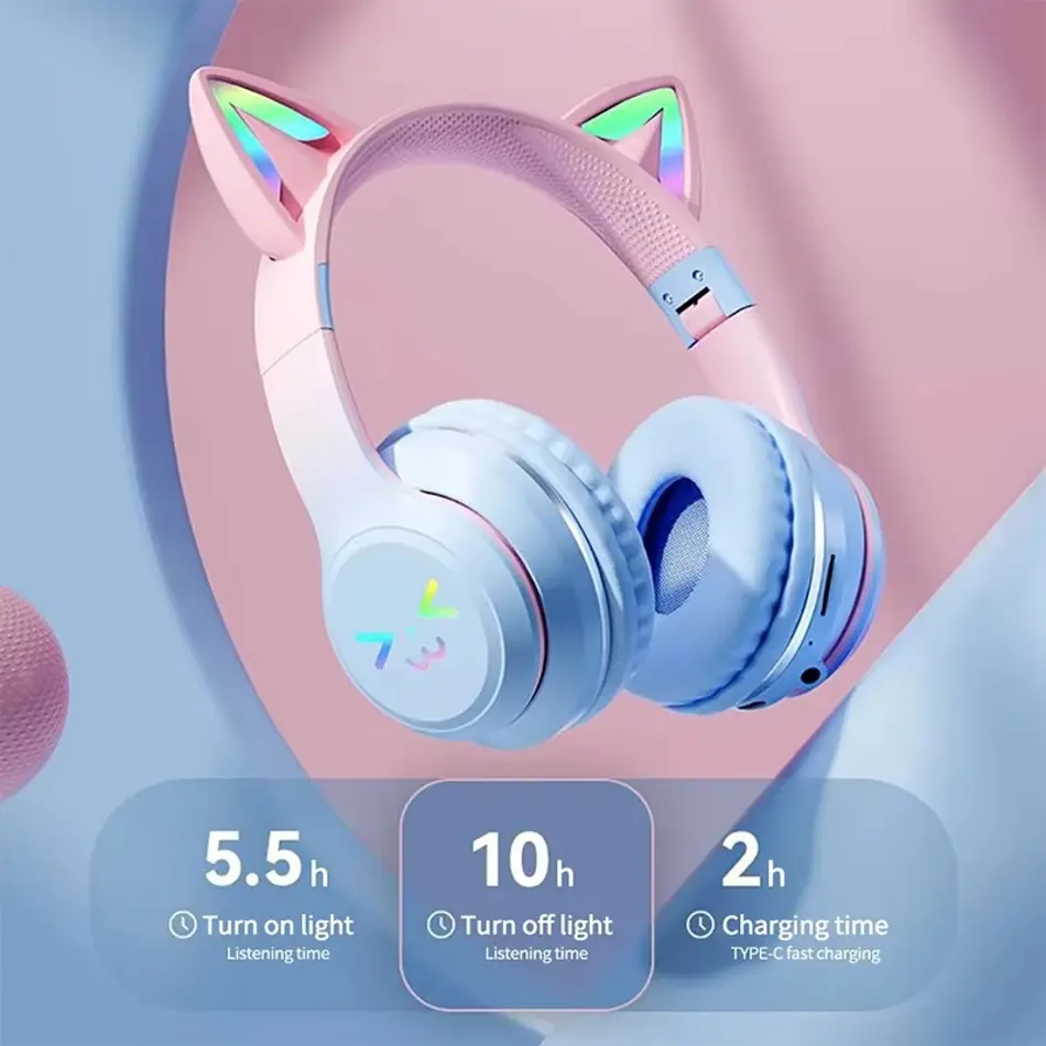  Xiaomi Wireless Bluetooth Cat Ear Headphones with RGB Lights – Stereo Sound, Built-in Mic, Gaming & Music Earphones for Kids & Girls