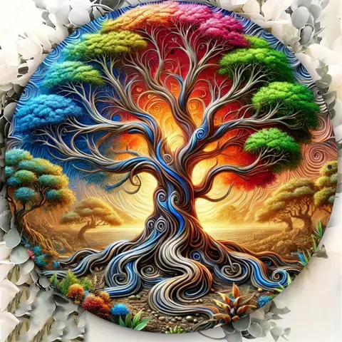 2D Retro Tree of Life Mandala Wood Wall Art – Round Wooden Signboard for Room Decoration