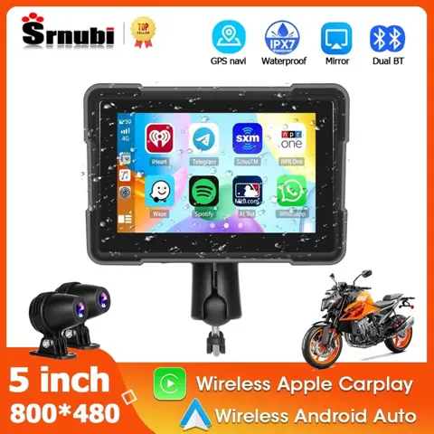  5-Inch Wireless Apple CarPlay & Android Auto Portable Motorcycle Screen | 1080P Dual Camera | Bluetooth | Siri & Google Voice | MOTOFI