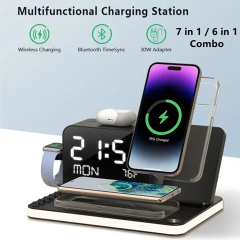 7-in-1 Wireless Charging Station with Dual Fast Charging for iPhone, AirPods & Apple Watch – 30W Adapter, Bluetooth Time Sync, All-in-One Dock