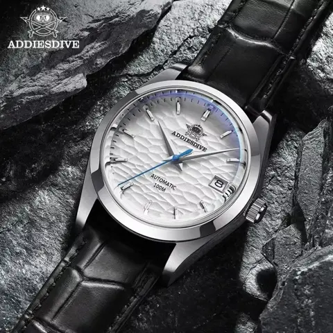 ADDIESDIVE Hot Sale Automatic Men Watch Business NH35A Synthetic Sapphire Mechanical Watches Wave Dial AD2118 Leather Band Diving Wristwatch