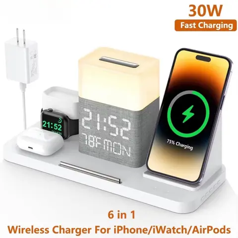 BezosMax 6-in-1 Wireless Charging Station with Bluetooth Clock, Night Light & 30W Fast Charger for iPhone & Apple Devices