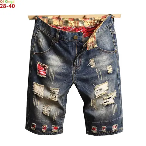 Blue Ripped Denim Shorts for Men – Breathable Cotton Bermuda Summer Fashion